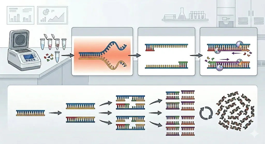 Diagram showing the three stages of a PCR cycle: Denaturation, Annealing, and Extension.
